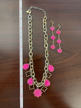 Crown & Ivy Gold-Tone Necklace and Drop Earrings Set with Hot Pink Accents